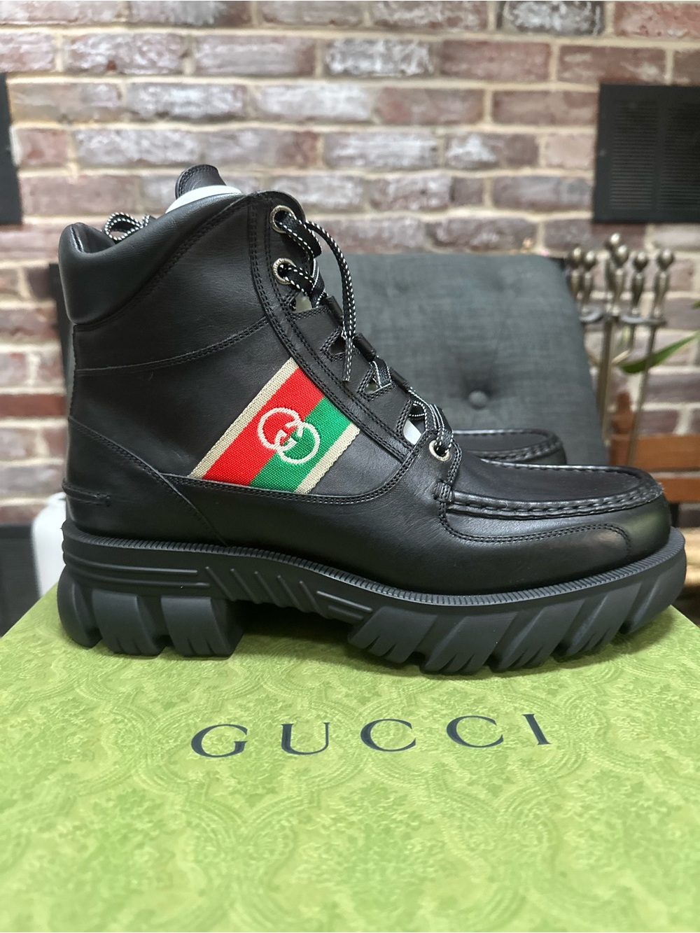Gucci Black Leather High-Top Boot with Red and Green Web Stripe